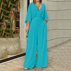 Casual Solid V-Neck Mid Sleeve Loose Bodysuit