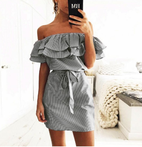 Striped Ruffled Sleeve Off-Shoulder Dress for Women