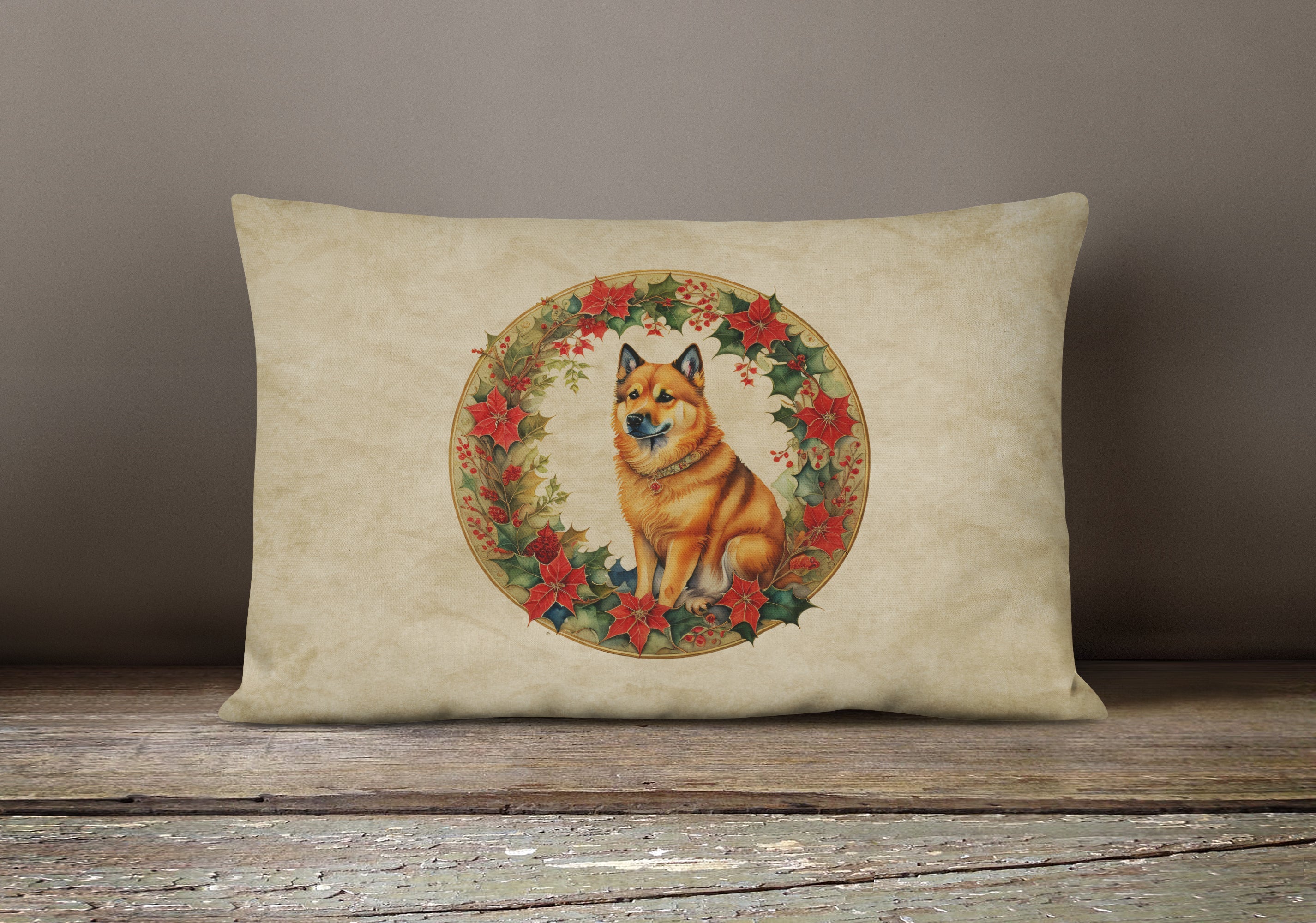 Finnish Spitz Christmas Flowers Throw Pillow