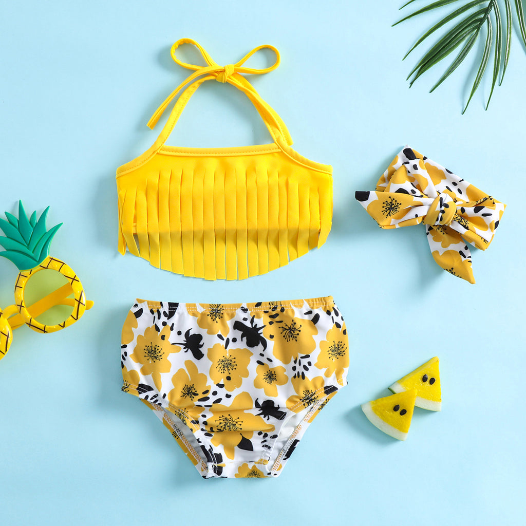 Butterfly Flowers Printed Baby Girls 3-Piece Swimsuit