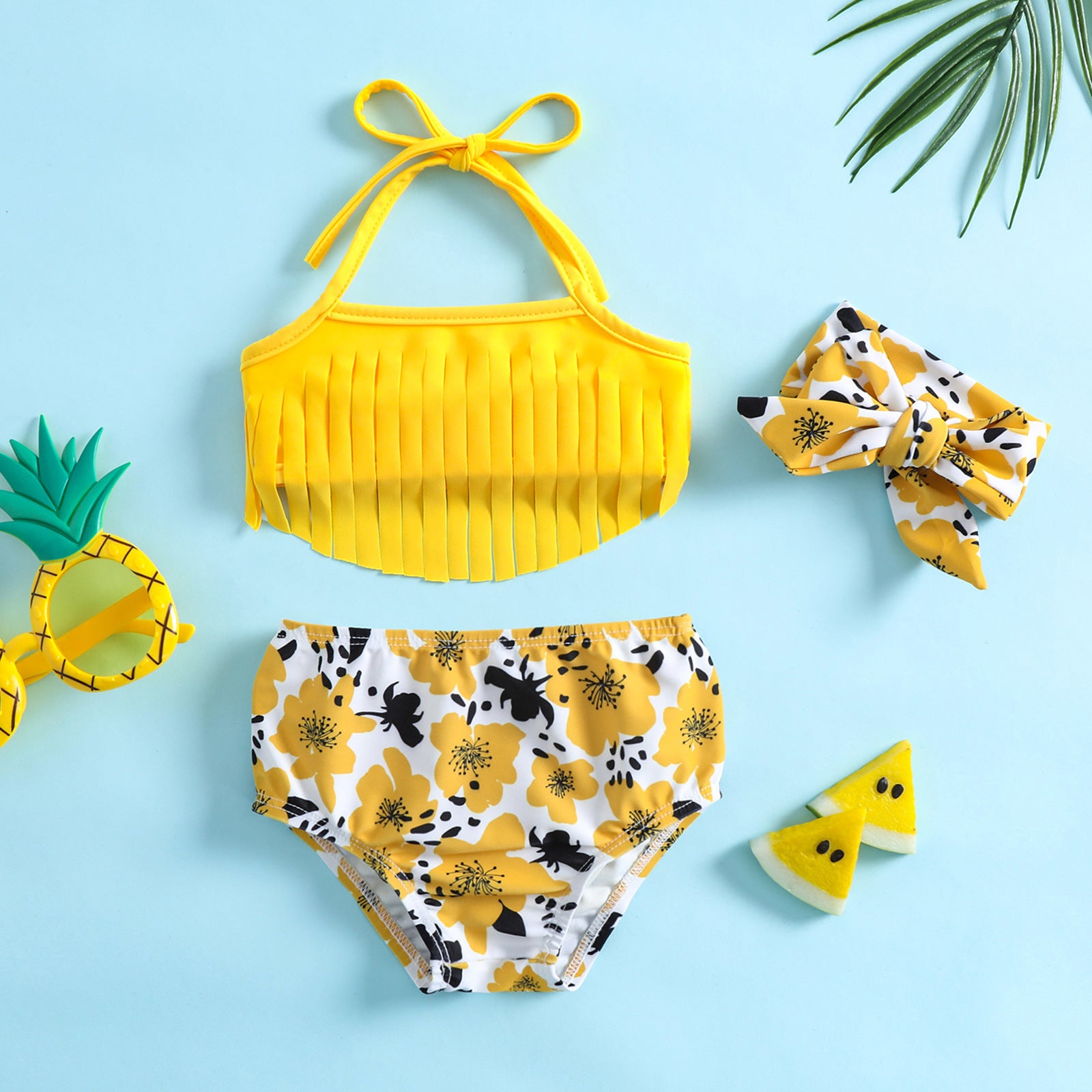 Butterfly Flowers Printed Baby Girls 3-Piece Swimsuit