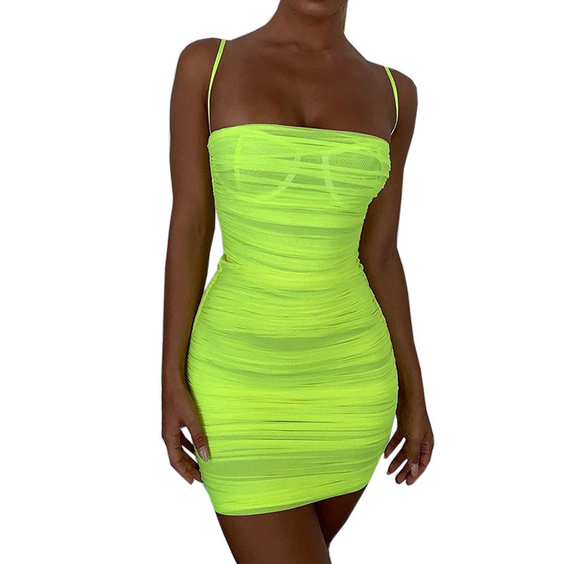Ruffled Mesh Spaghetti Strap Dress