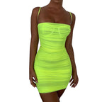 Ruffled Mesh Spaghetti Strap Dress