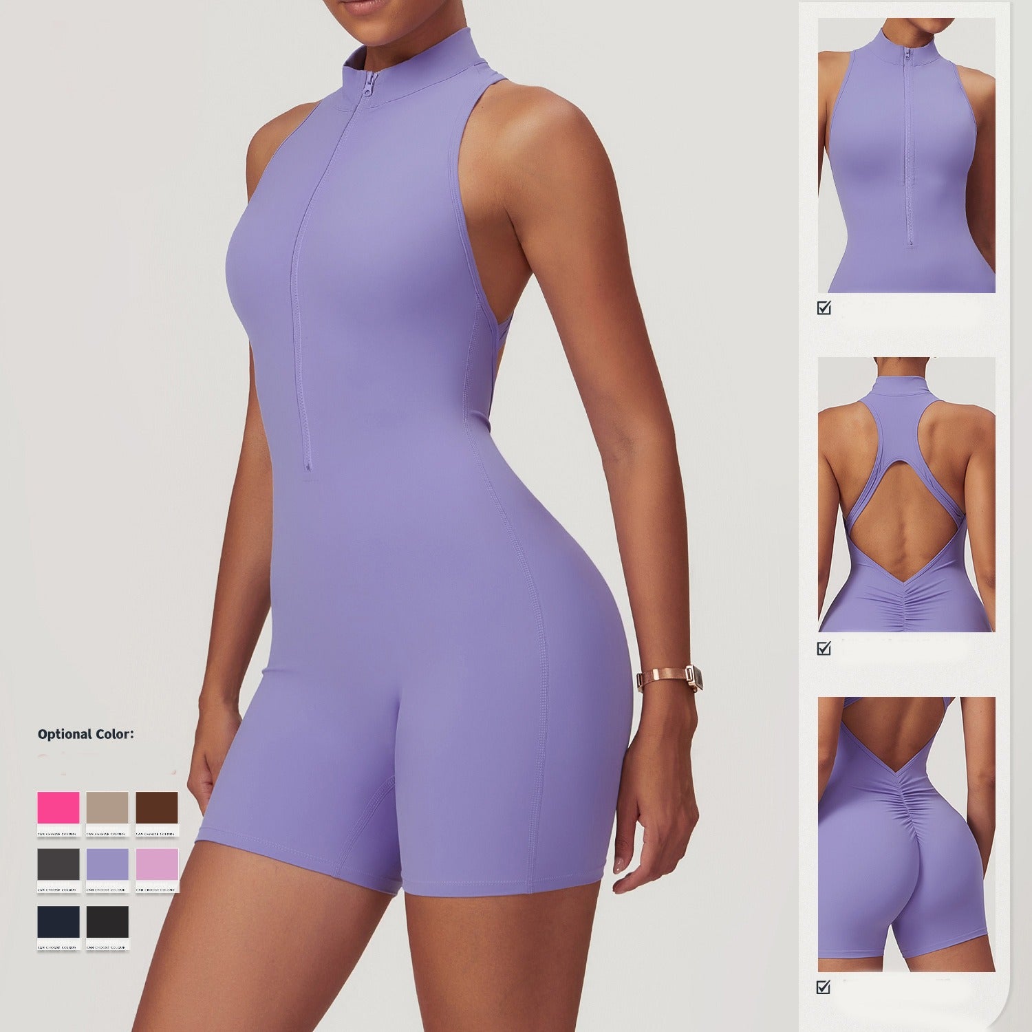 Fitness Yoga Jumpsuit With Zipper, Backless, Shorts Bodysuit