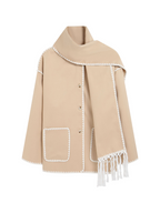 Woolen Long Sleeve Jacket with Scarf - Loose Fit