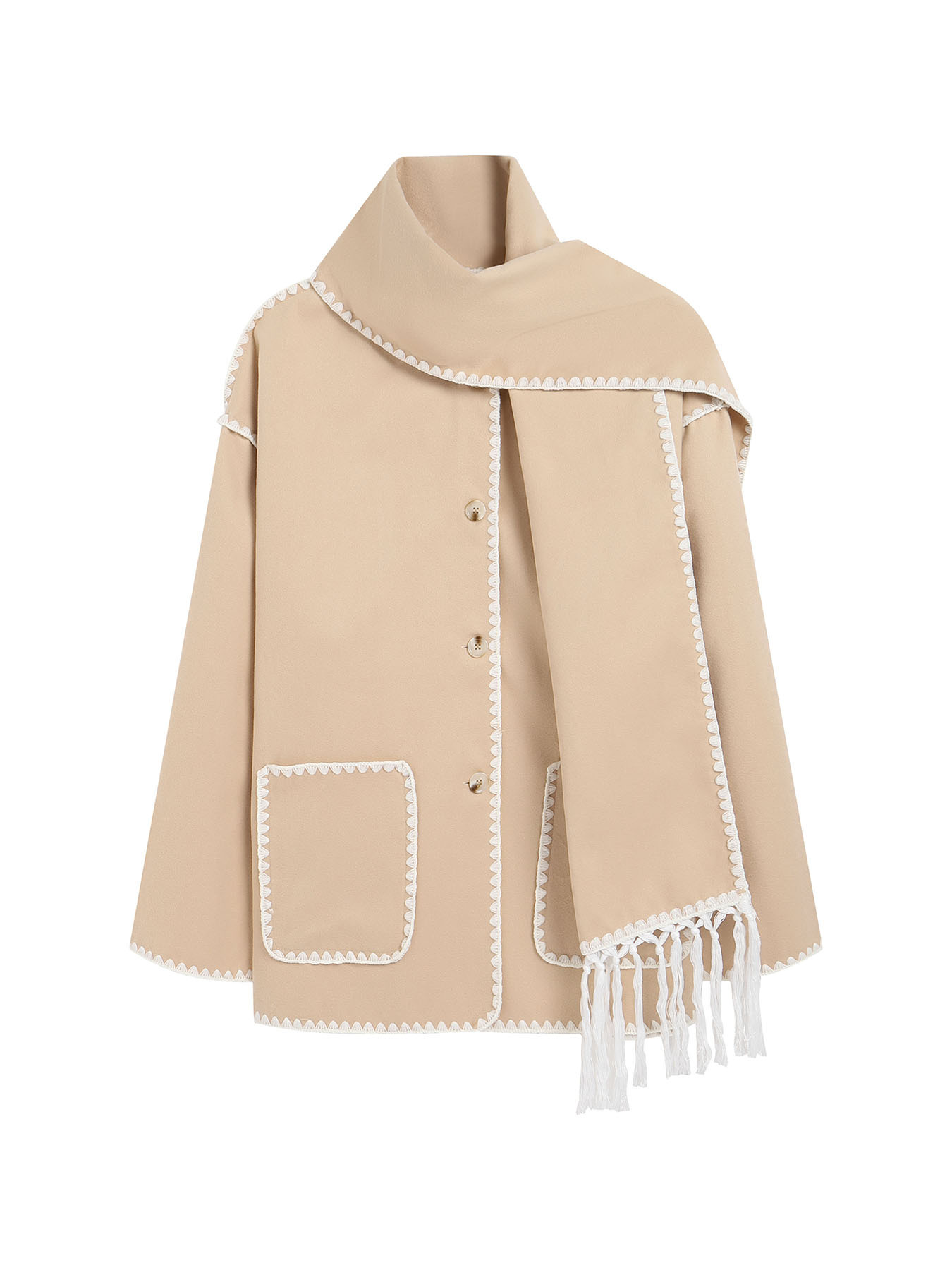 Woolen Long Sleeve Jacket with Scarf - Loose Fit