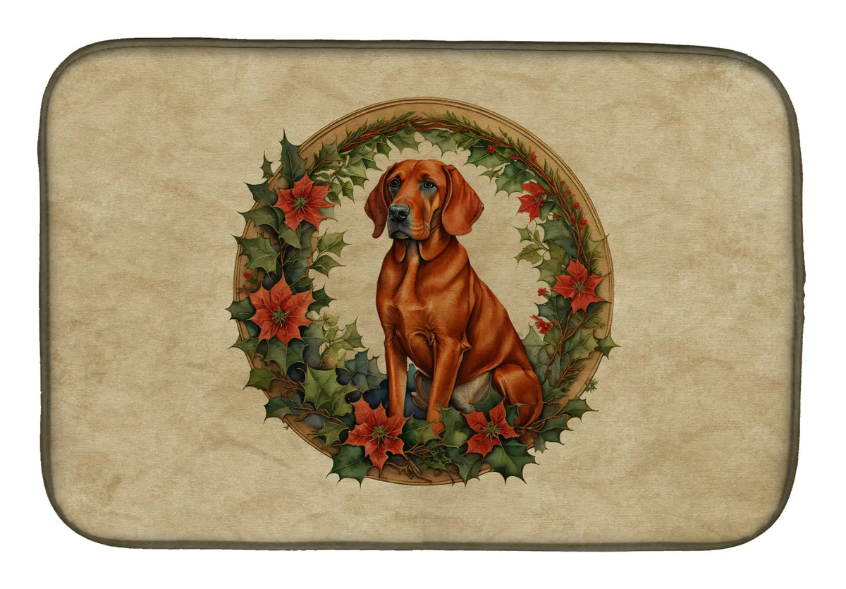 Red Redbone Coonhound Christmas Flowers Dish Drying Mat