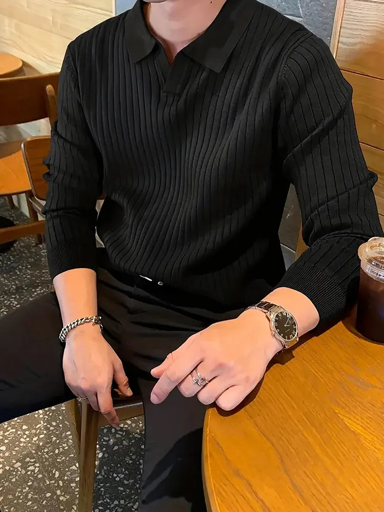 Lapel Texture Stretch Slim Knit Polo Shirt