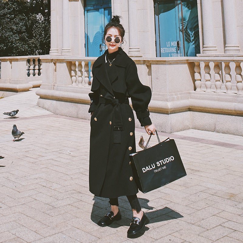 Black Hepburn Wind Woolen Coat for Women