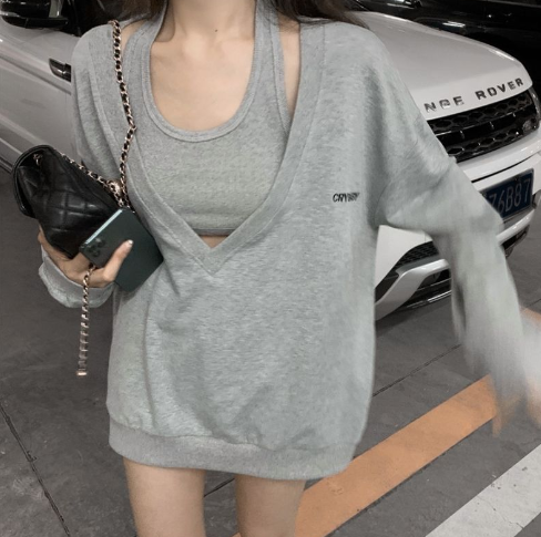 Niche Women's Grey V-neck Sweater with Unique Design