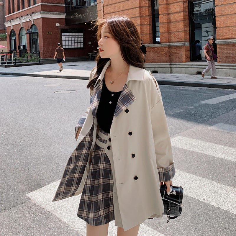 Two-Piece Plaid Skirt and Short Trench Coat Set