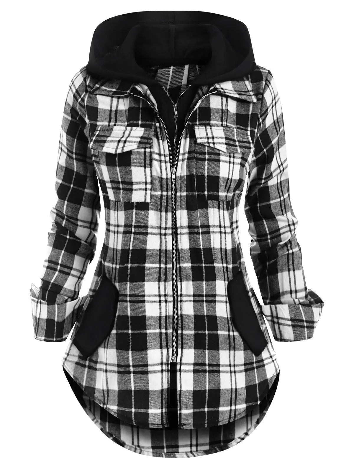 Plaid Pocket Hooded Contrast Zipper Sweatshirt | Streetwear
