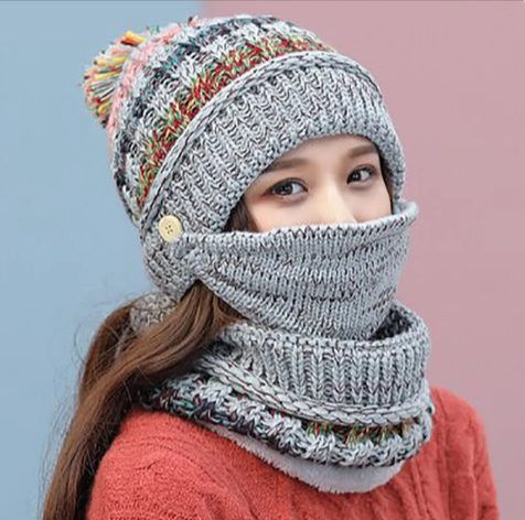Winter Knitted Hat, Mask & Scarf Set | Embroidered Cap