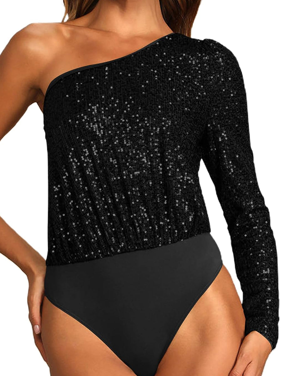 Women's Summer One-Shoulder Sequin Playsuit Bodysuit