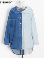 2024 Women's Color-Block Denim Shirt Jacket (Plus Size)