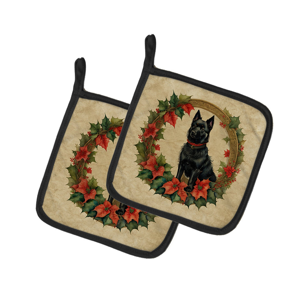 Schipperke Christmas Flowers Pair of Pot Holders