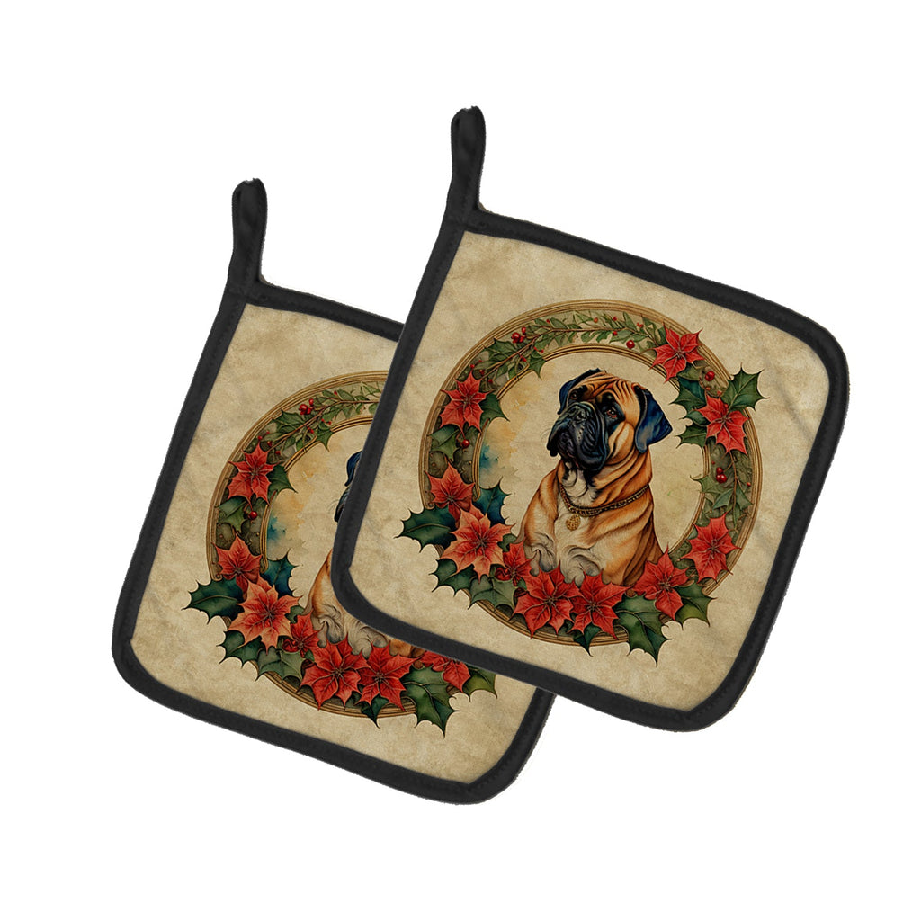 Bullmastiff Christmas Flowers Pair of Pot Holders