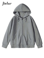 Jielur Solid Color Comfortable Women's Zip-Up Hoodie | Streetwear