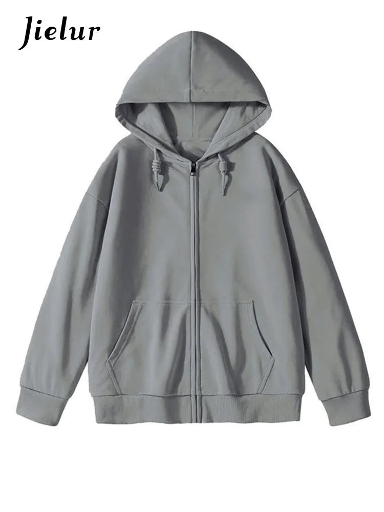 Jielur Solid Color Comfortable Women's Zip-Up Hoodie | Streetwear