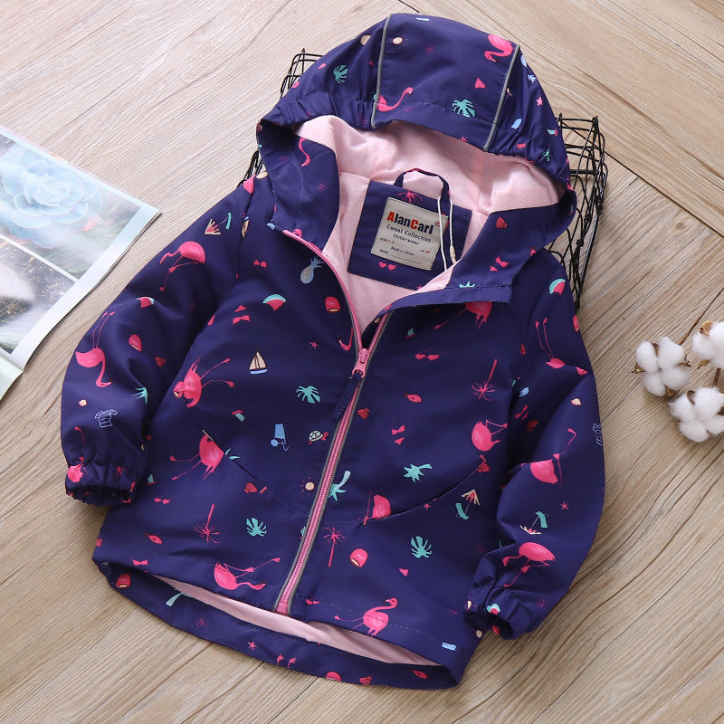 Hooded Children's Jacket with Flamingo Print