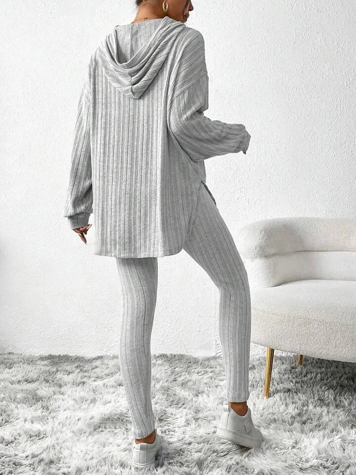 Autumn Solid Stripe Loose Hoodie Set
