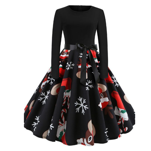New Vintage Christmas Print Long Sleeve Dress for Women