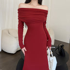 Knitted Off-Shoulder Long Sleeve Fishtail Dress