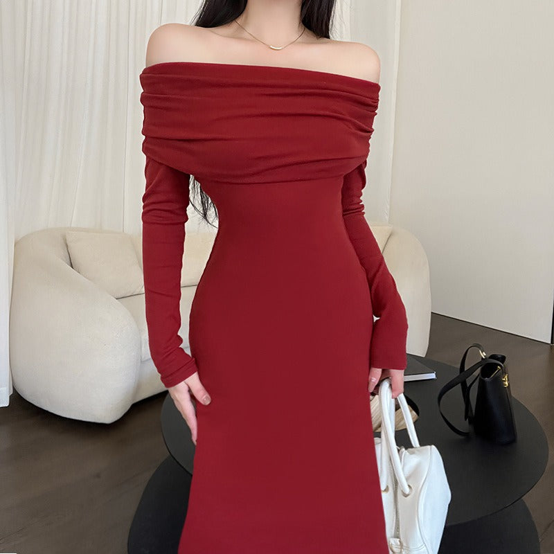 Knitted Off-Shoulder Long Sleeve Fishtail Dress