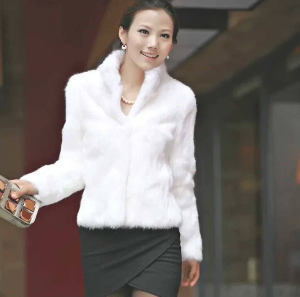 Stand-Collar Long-Sleeve Fur Coat