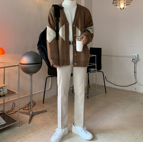 Men's Long-sleeved Sweater - Check Cardigan