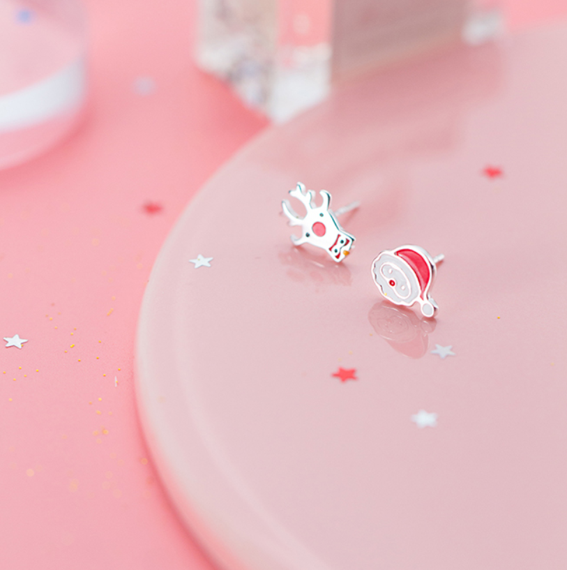 Silver Christmas Earrings - Santa and Reindeer Design