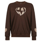 Women's Brown Love Print Loose Crewneck Pullover Sweater | Streetwear