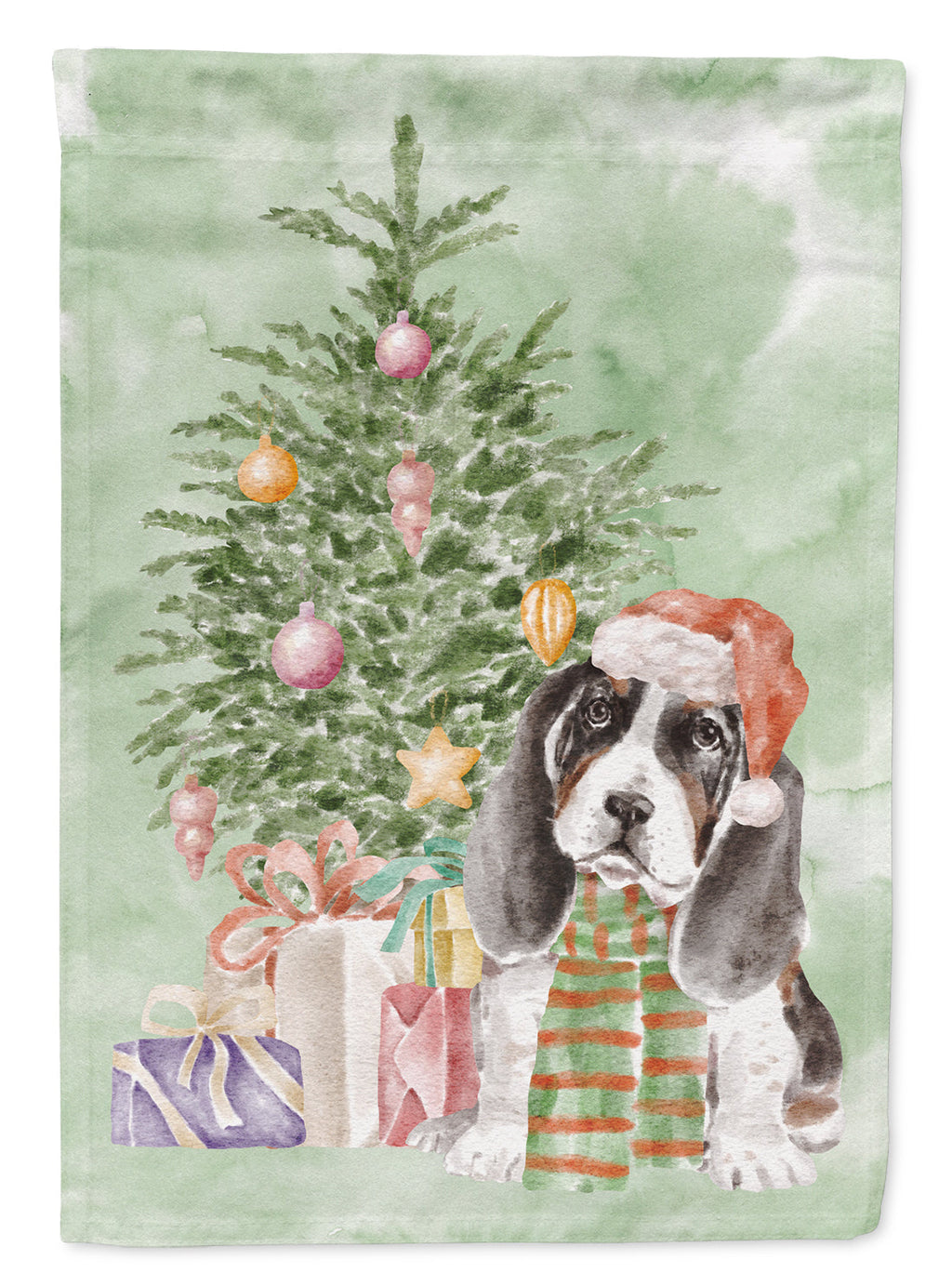 Basset Hound Puppy Christmas Presents and Tree Garden Flag