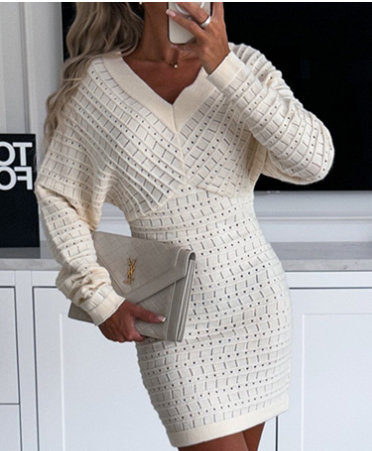 European American V-neck Wool Dress