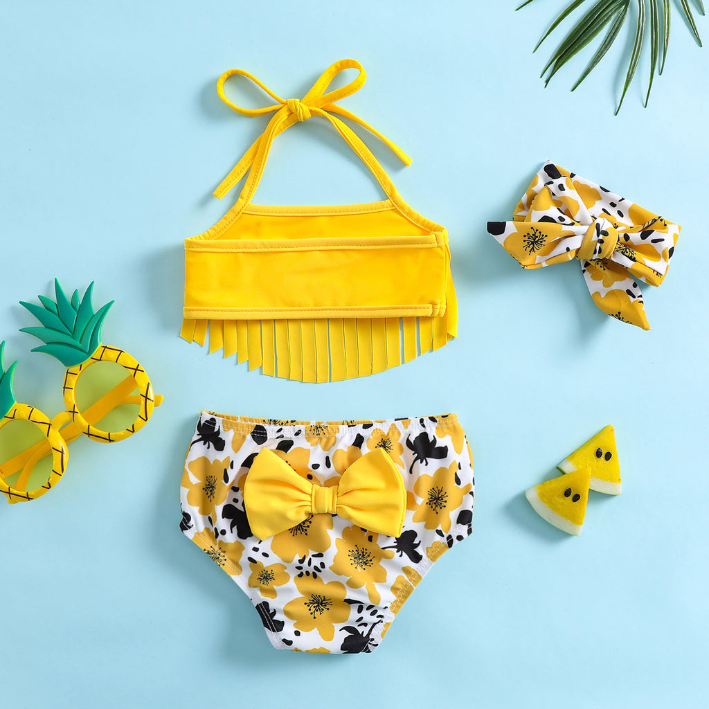 Butterfly Flowers Printed Baby Girls 3-Piece Swimsuit