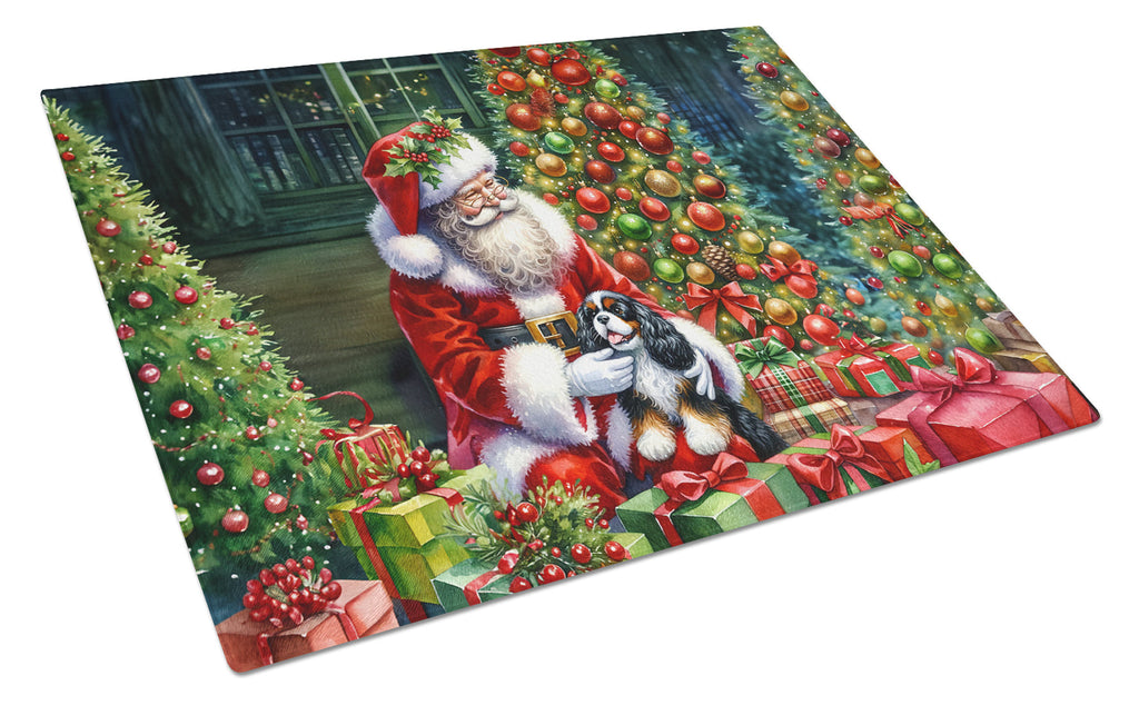 Cavalier Spaniel and Santa Claus Glass Cutting Board
