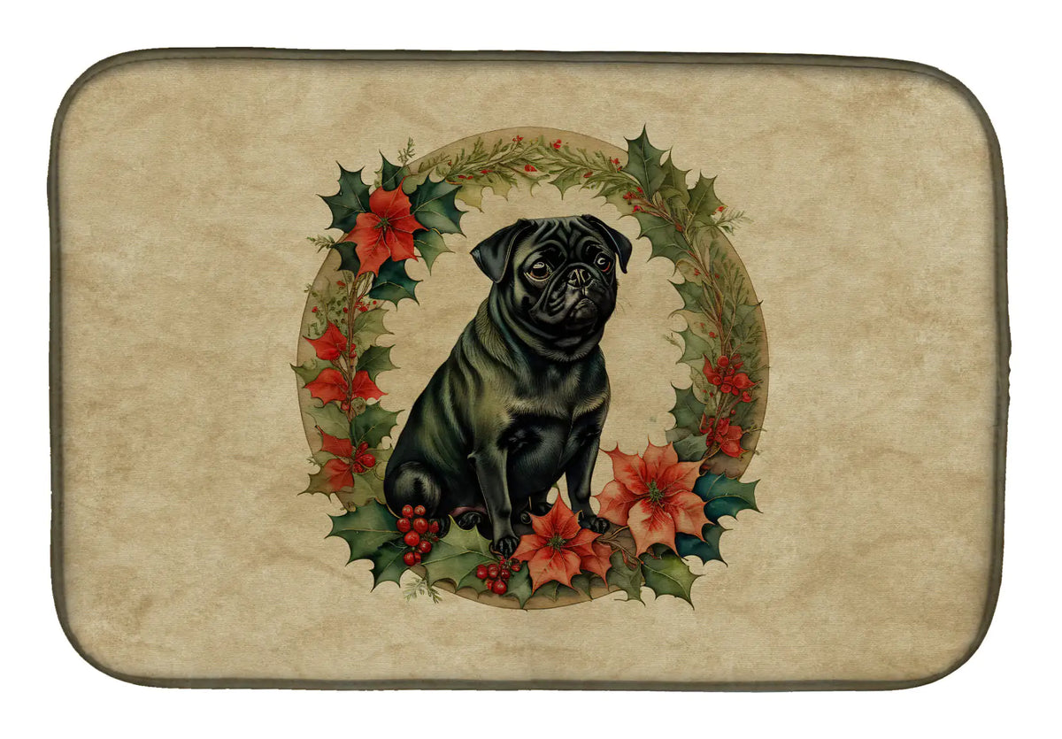 Pug Christmas Flowers Dish Drying Mat