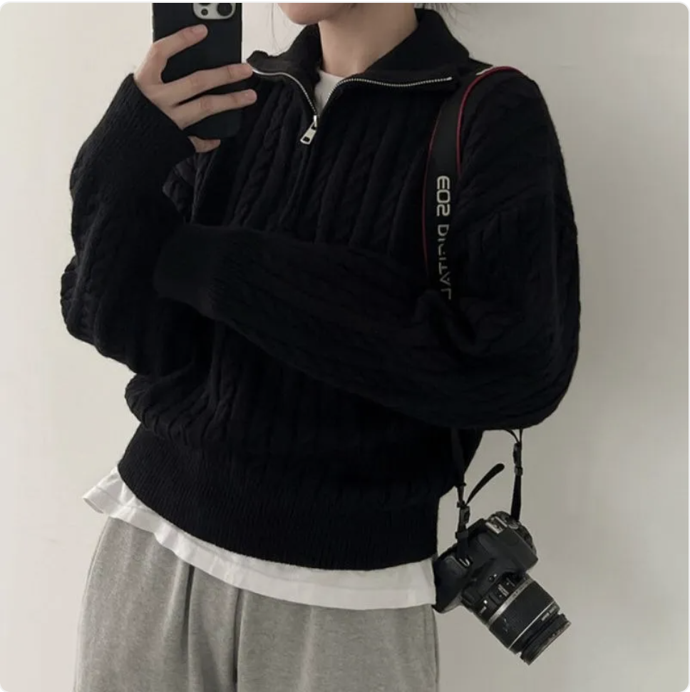 Korean-Style Retro Cable-Knit Zipper Pullover – Casual Long Sleeve Sweater Top | Streetwear