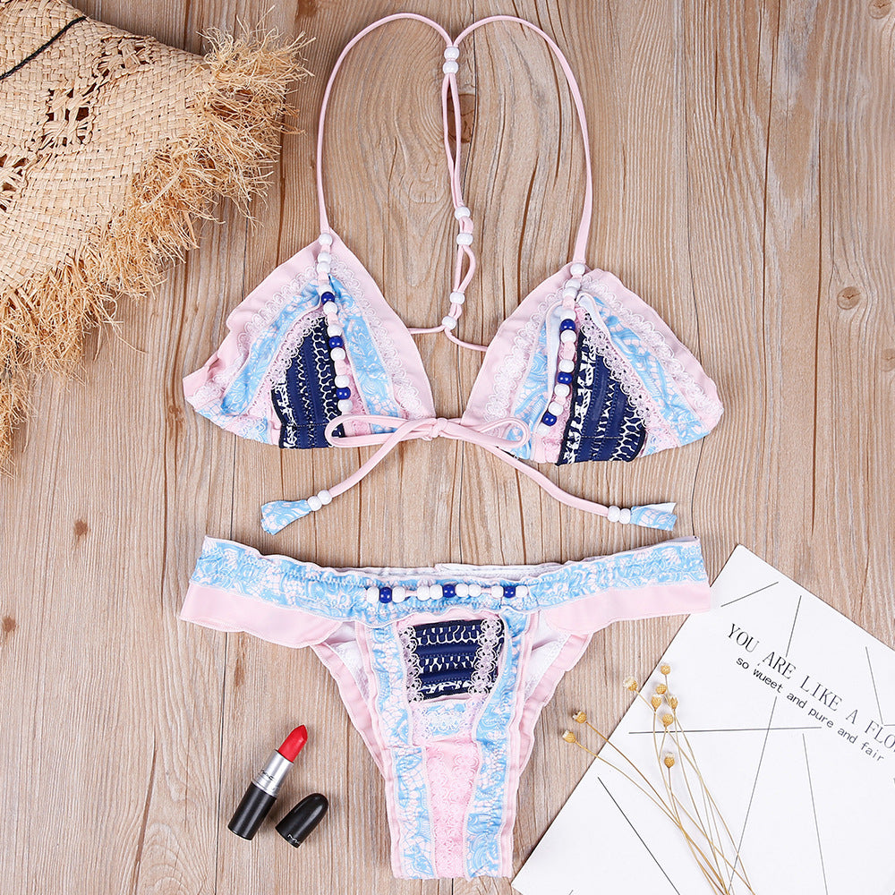 Colorful Beaded Lace Bikini - Sexy Two-Piece Swimsuit