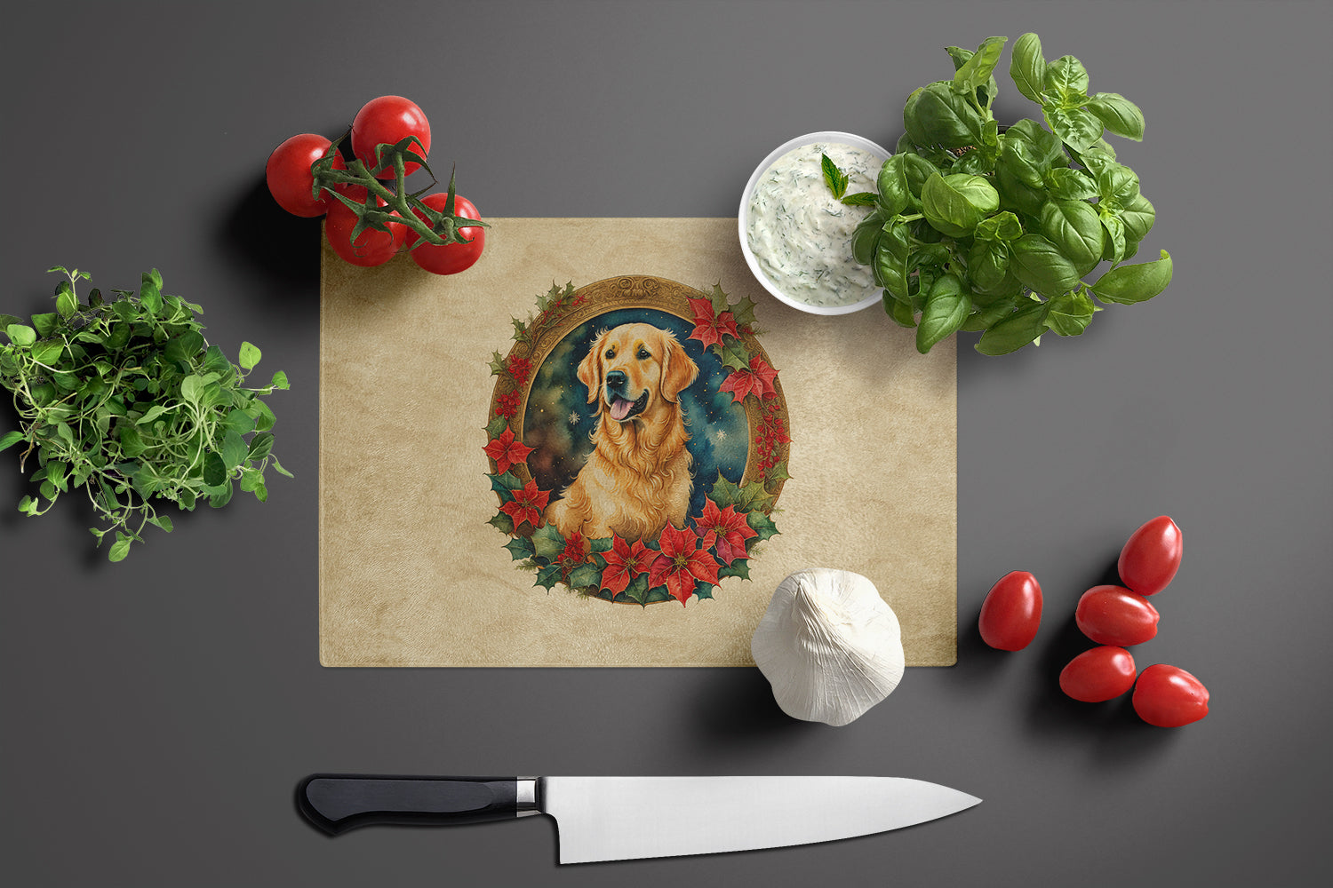 Golden Retriever Christmas Flowers Glass Cutting Board