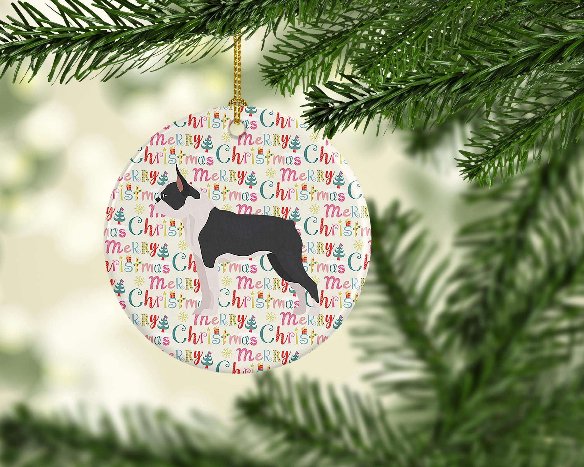 Boston Terrier Merry Christmas Ceramic Ornament