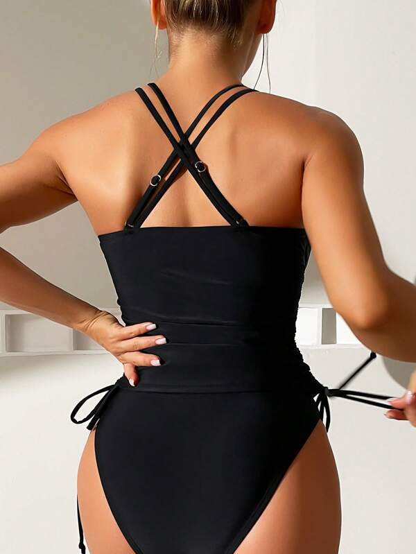 2024 Women's Solid Color Cross-back Tankini Swimsuit