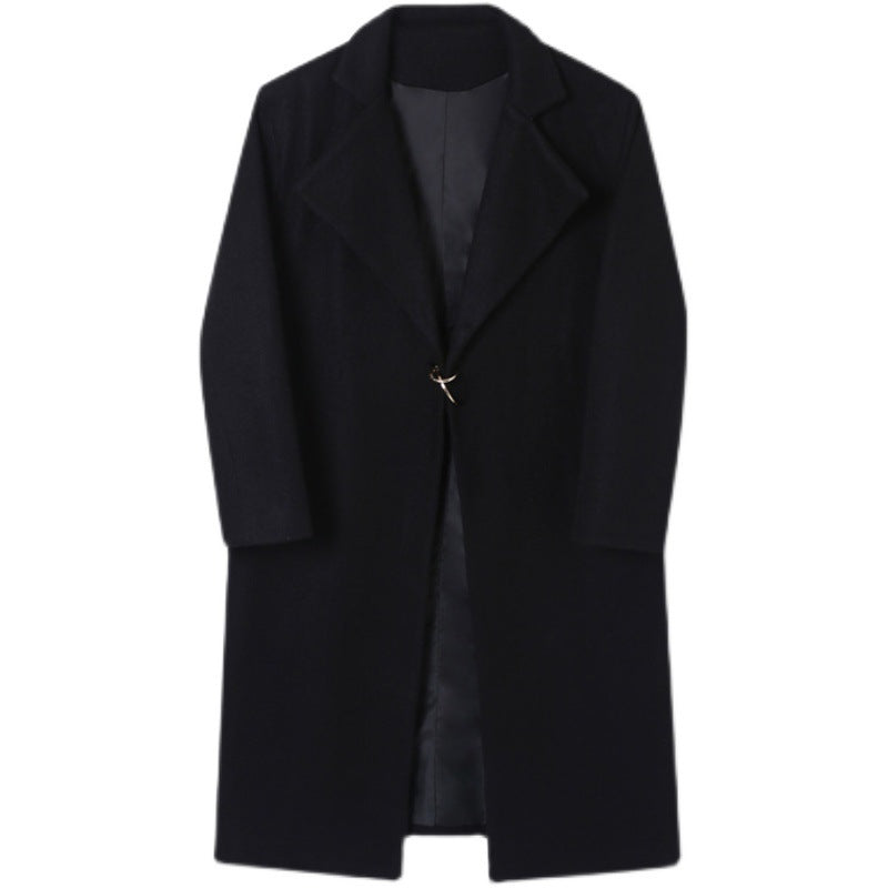 Men's Long Wool Coat with Large Metal Circle