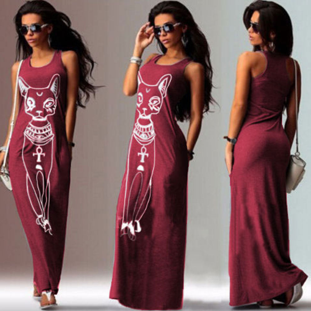 Sleeveless Gray Long Dress with Cat Print