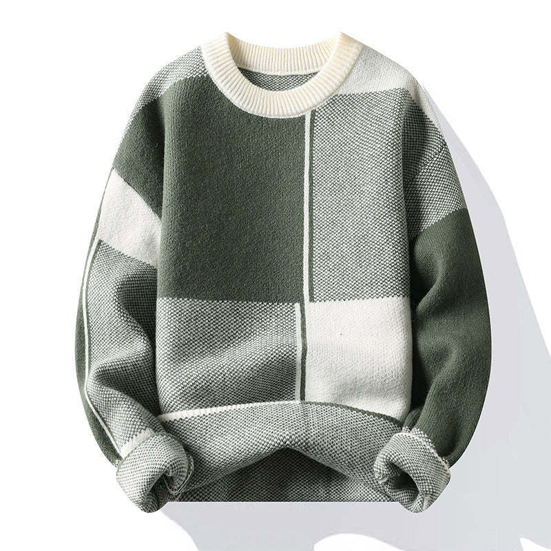 Men's Round Neck Thick Sweater with Geometric Design