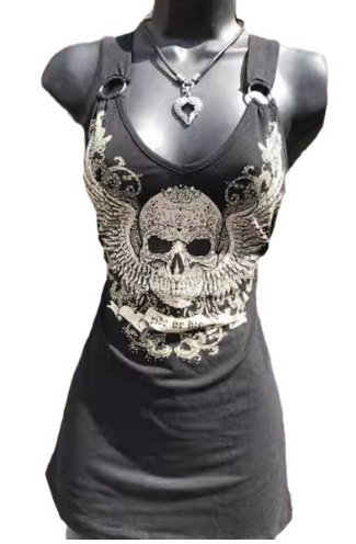 Gothic Winged-Skull Print Cutout-Back Tank Top