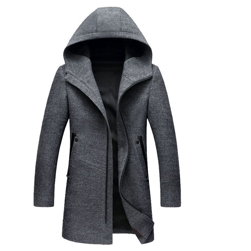 Men's Mid-Length Hooded Woolen Coat for Autumn/Winter