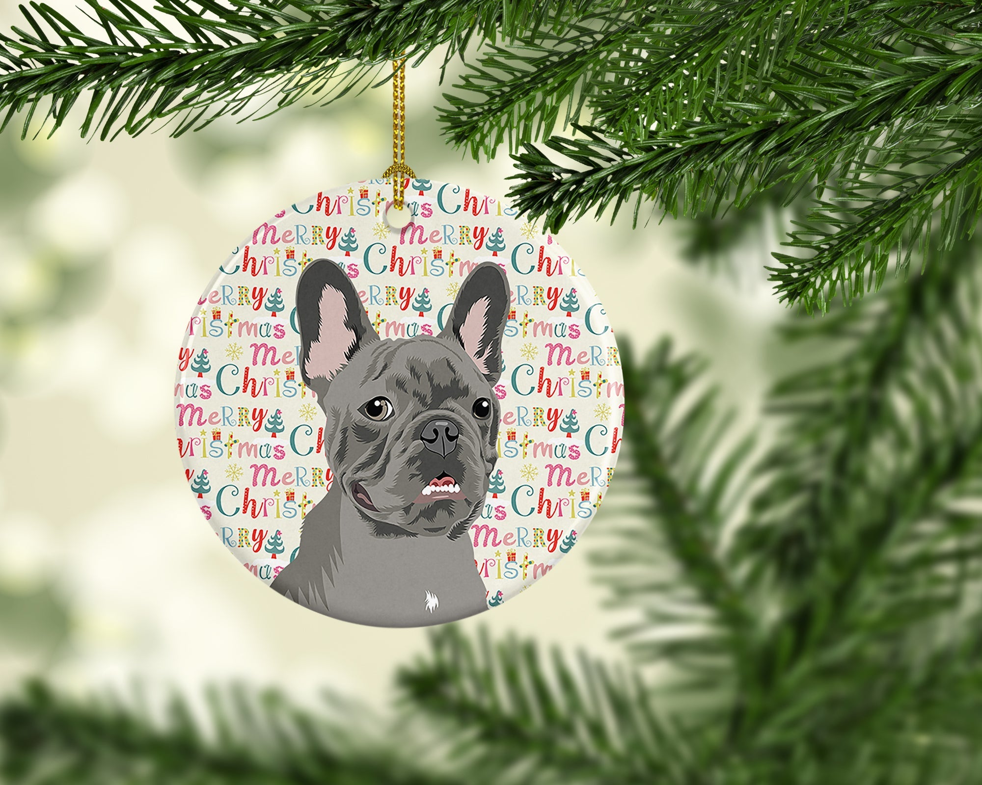 French Bulldog Blue Christmas Ceramic Ornament