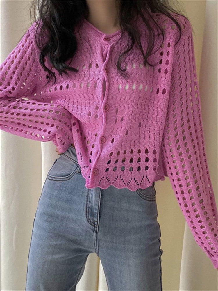 Hollow Ice Silk Long-sleeved Knitted Cardigan for Women