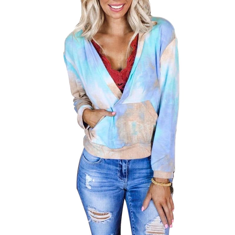 Tie-Dye Print V-Neck Long Sleeve Pocket Hoodie | Streetwear